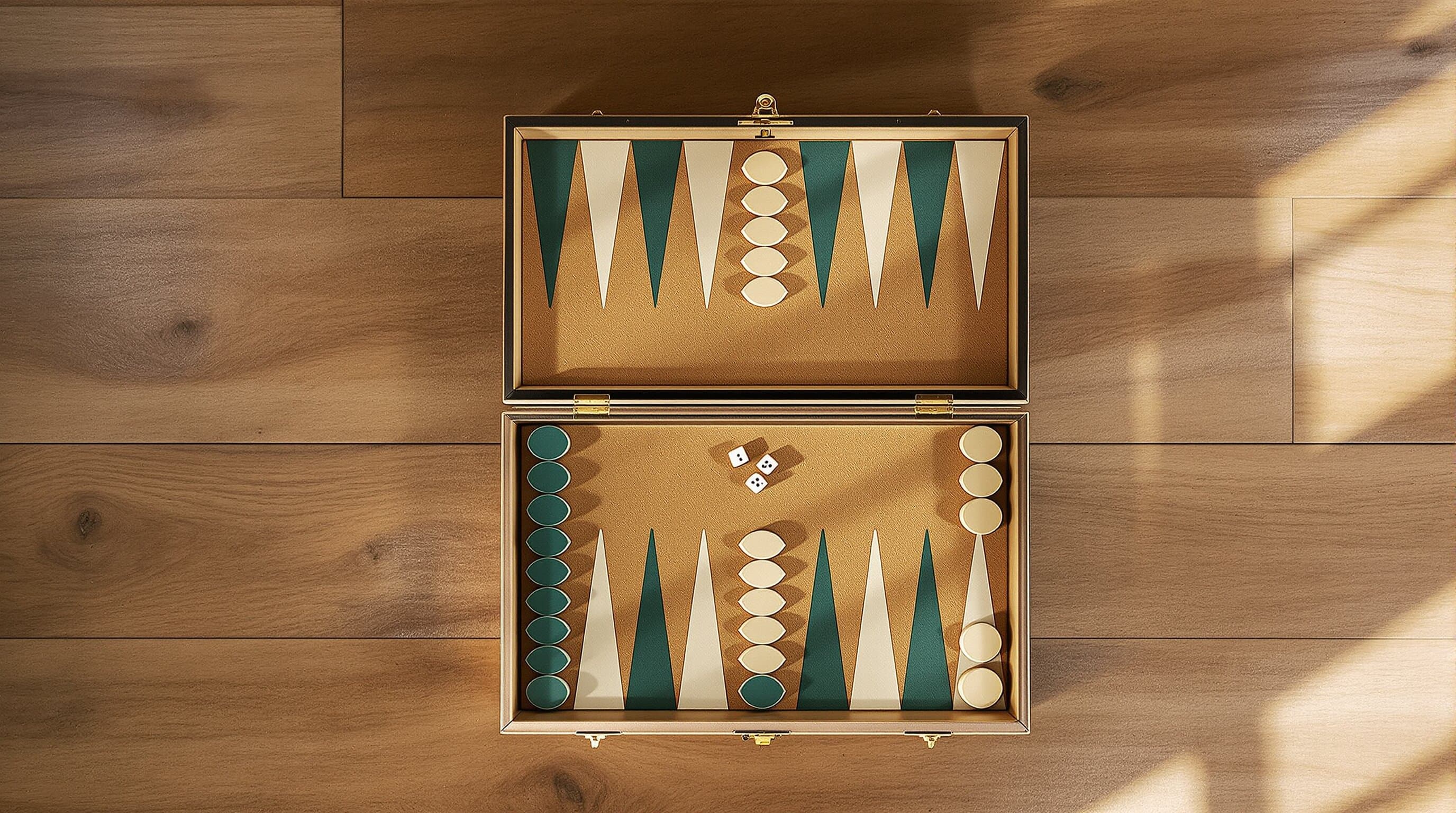Travel backgammon case on weathered oak