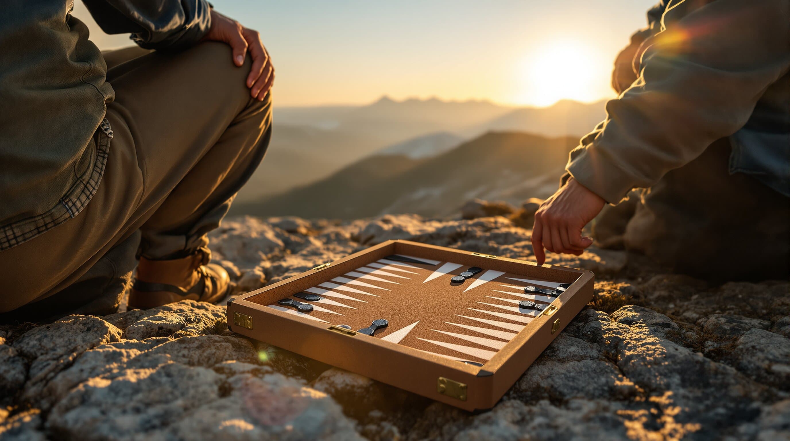 Travelers playing on a mountain ridge at golden hour